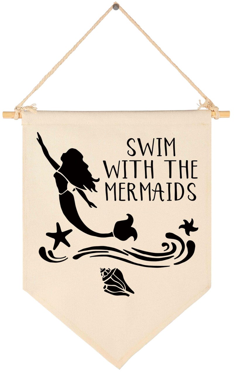 Topthink Swim With the Mermaids -Canvas Hanging Flag Banner Wall Sign Decor Gift for Baby Kids Girl Nursery Teen Room Front Door - Conch Waves - Image 1